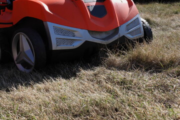 Removing dry grass from last year's lawn in spring using an electric scarifier