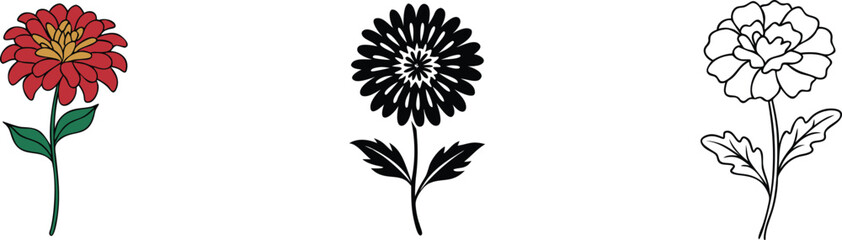 Floral Designs Red, Black, and Line Art Flower Illustrations