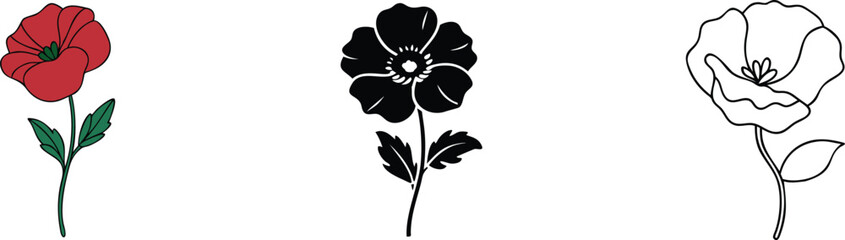 Poppy Flower Variations Red, Black, Outline, Floral Designs