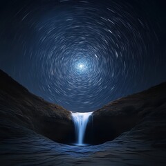 Fototapeta premium A surreal night landscape where a waterfall falls upwards toward the moon, stars spiraling around it like a vortex ar 16:9 v 6.1 q 2