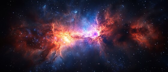 Fototapeta premium Captivating Cosmic Nebula Displaying Fiery Orange and Deep Blue Hues in the Vast Expanse of Outer Space