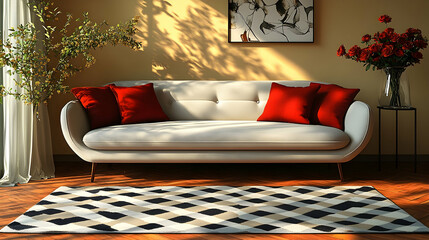 Elegant home interior with a stylish couch, geometric rug, fresh flowers in a vase, artistic wall decor and soft golden sunlight filling the room