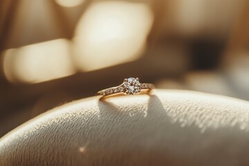 Obraz premium Engagement Ring with Diamond Resting on Creamy Fabric Close Up