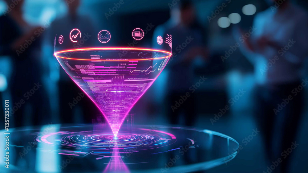 Poster futuristic virtual hologram of sales funnel with vibrant colors and digital elements, showcasing dat