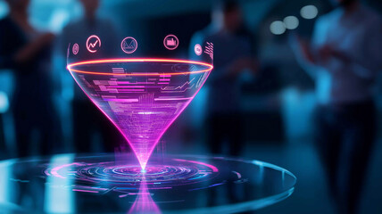 Futuristic virtual hologram of sales funnel with vibrant colors and digital elements, showcasing data analytics and business insights in modern setting
