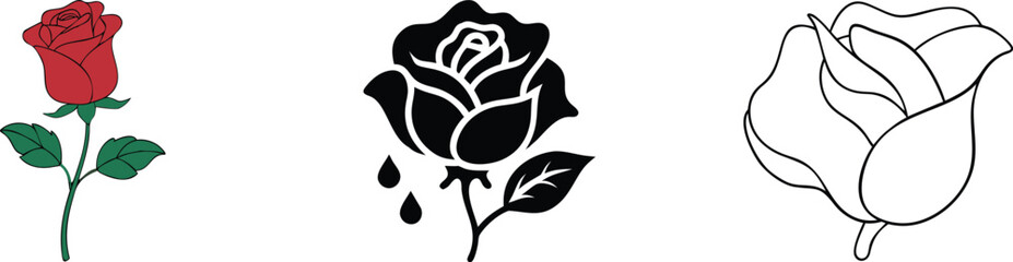 Three Rose Styles Red, Black, and Outline Drawings