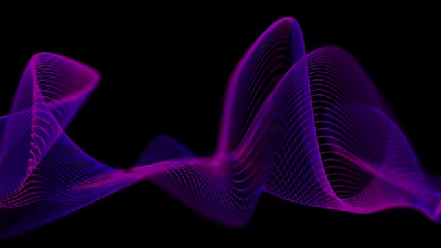 Close-up purple wave on black background. Abstract digital motion smooth lines in defocus. 3D space landscape. Looping similar repeating video animation. 4K 60 fps.