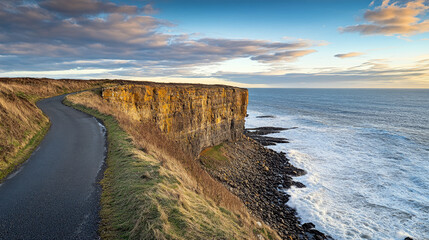 Coastal Cliff Road with Crashing Waves, Space for Copy