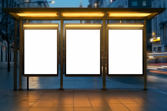 A modern bus stop illuminated at night, featuring three blank advertising panels ready for promotion.