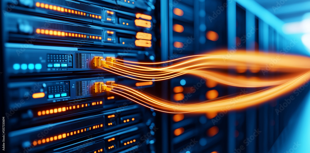 Aufkleber high speed data transfer concept with glowing cables connecting servers, showcasing advanced technol
