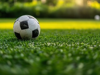Fototapeta premium Sport ball on field with soft lighting and space below