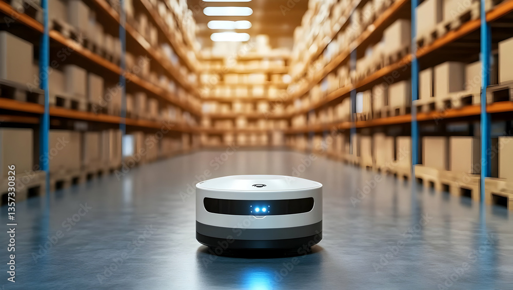 Poster a modern delivery robot navigates a warehouse filled with cartons, showcasing automation in logistic