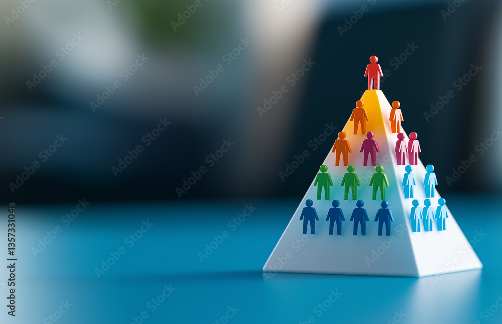 Poster colorful pyramid structure made of small human figures represents teamwork and collaboration. figure