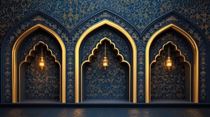 Three arched alcoves with ornate gold detailing on a dark blue patterned backdrop.