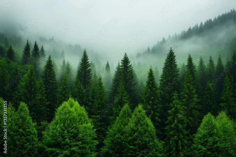 Poster misty forest landscape with fog enveloping coniferous trees creates serene and tranquil atmosphere. 