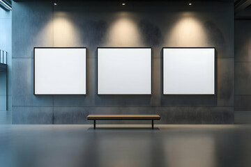 A modern gallery space featuring empty frames, perfect for showcasing art in a sleek, contemporary environment.