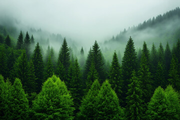 Misty forest landscape with fog enveloping coniferous trees creates serene and tranquil atmosphere. lush greenery and soft mist evoke sense of calm and connection to nature