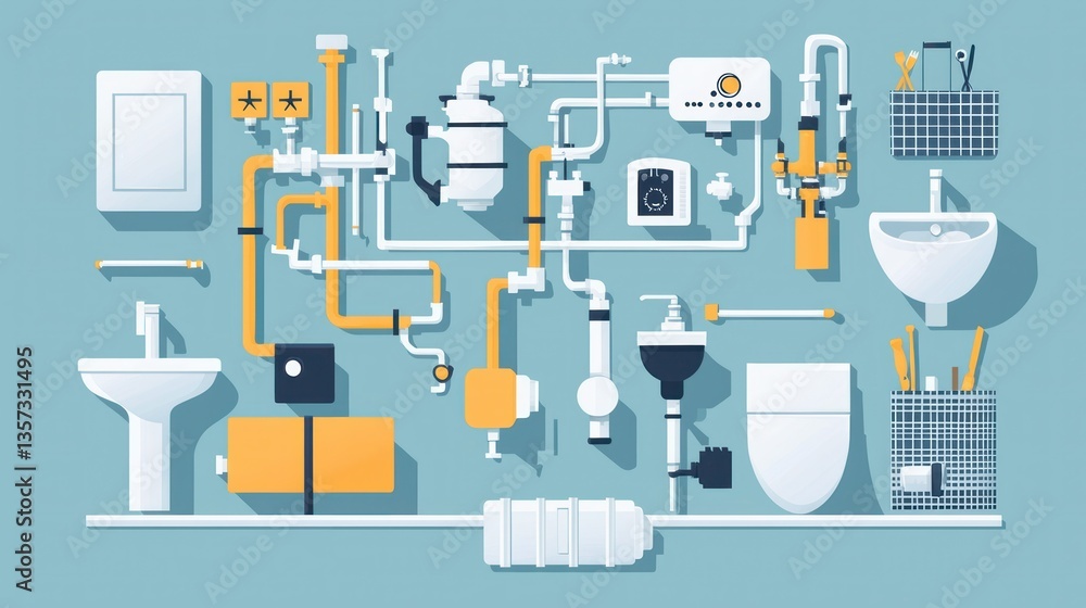 Poster an infographic-style plumbing vector explaining common issues