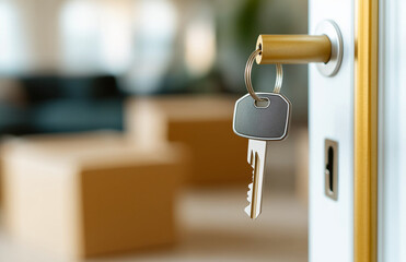 modern door lock with key inserted, symbolizing security and access. blurred background features cardboard boxes, suggesting recent move or new beginnings