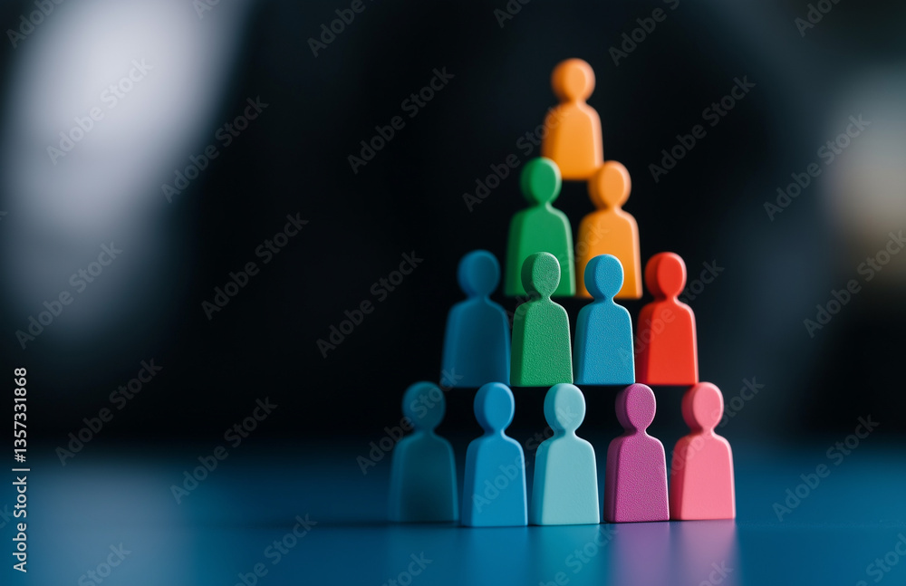 Poster colorful human figures arranged in pyramid shape symbolize teamwork and collaboration. this vibrant 