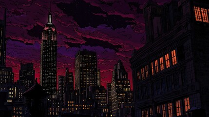 Night cityscape, skyscraper, dramatic sky, city lights, urban background, ideal for film noir