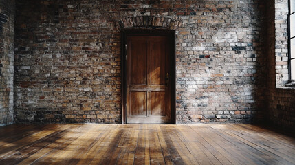 Obraz premium A rustic wooden door set in a brick wall with a wooden floor in a dimly lit vintage room