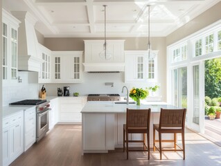 Fototapeta premium Modern kitchen interior with white cabinetry, minimalist design and natural backlighting