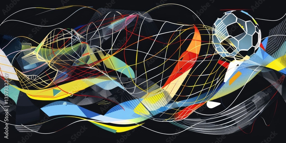 Poster abstract orange, black, and white swirling patterns with soccer floating in the air. background imag