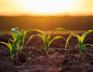 young corn plants emerge from rich soil as the sun rises illuminating the field with warm morning light and promising growth ahead