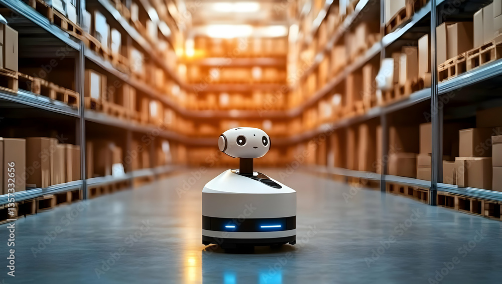Poster a modern robotic assistant navigates a warehouse filled with boxes, showcasing automation in logisti