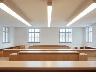 Modern office with wooden desks and minimalist design and overcast lighting