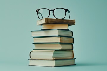 High Detail Image of Low Angle Stack of Books with Glasses on Top