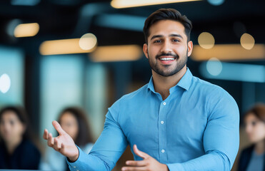 confident businessman in blue shirt smiles warmly while gesturing during presentation. His engaging demeanor reflects professionalism and approachability, making him effective communicator