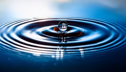 single droplet of water reflects a blurred background on a smooth mirror like surface in minimalistic macro perspective