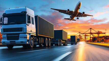 Transport trucks and cargo containers are seen on busy road as airplane flies overhead during vibrant sunset. scene captures dynamic nature of logistics and transportation