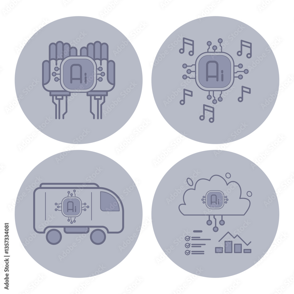 Poster four distinct icons of artificial intelligence concepts, including ai integration, data processing, 