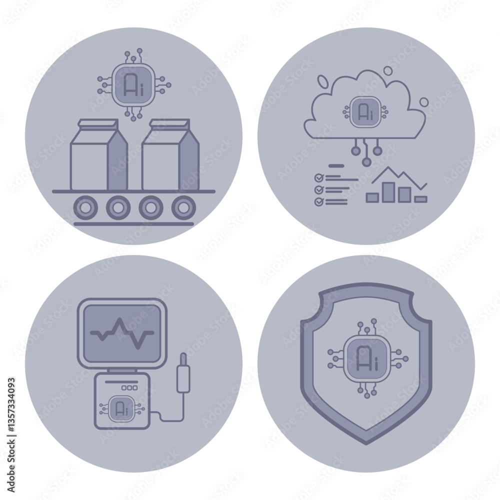 Poster set of icons illustrating various artificial intelligence themes, including ai in logistics, cloud c