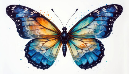 vibrant butterfly with intricate blue and orange wings, featuring detailed patterns resembling landscapes and skies, evoking sense of wonder