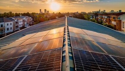 close up of rooftop solar panels with urban residential background showcasing green energy and sustainable living