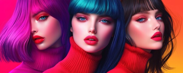 Obraz premium Artistic portrait of three fashionable women, their glossy hair reflecting vibrant hues, complemented by turtleneck sweaters