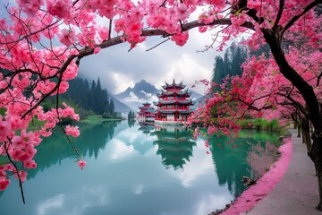 Spring calming banner, branches of blossoming cherry sakura and pagoda temple on foggy lake