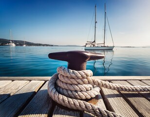 close up of a nautical rope tied to a dock cleat with a blurred sailboat in the background evoking a sense of sailing adventures