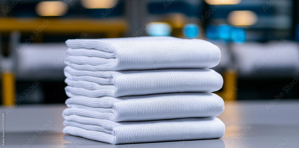 Poster freshly folded white shirts stacked neatly on table, showcasing their crisp fabric and clean appeara