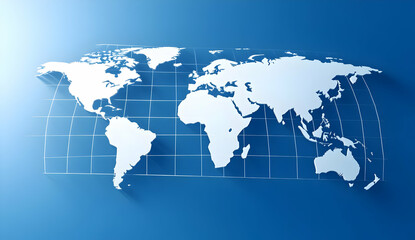 Obraz premium A modern world map design over a blue background, representing global connectivity and geography in a sleek and minimalistic style.