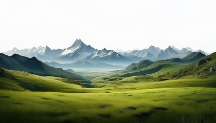 Fototapeta premium vast empty summer spring landscape with mountain range in the distant horizon isolated white background green grass and hills