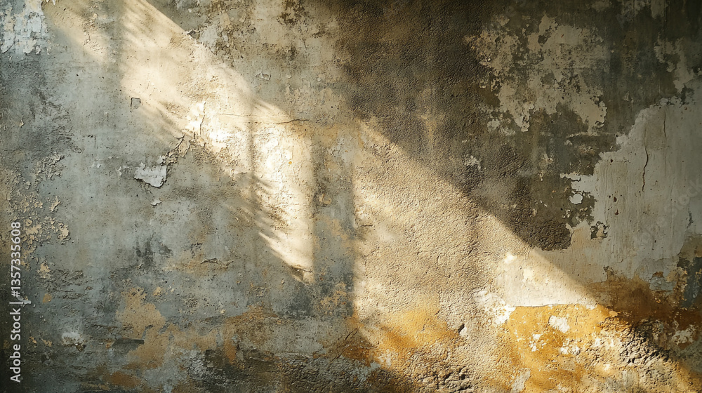 Poster sunlight shining on a weathered wall with peeling paint and textures creating shadows and highlights