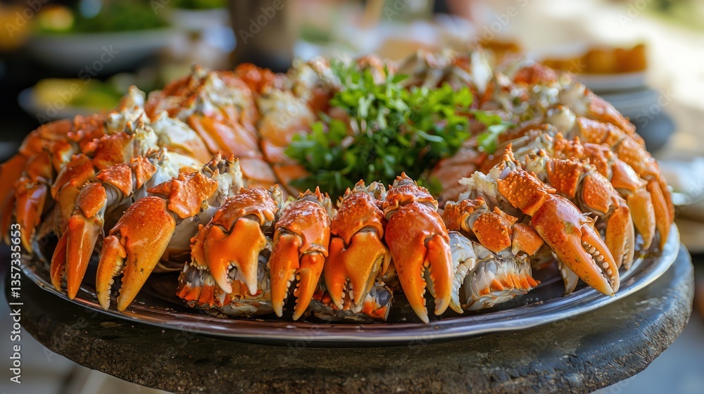 Poster crab claws arranged on a platter as part of a seafood boil presentation.