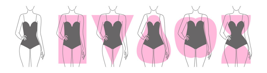 Five types of women s body shapes hourglass, pear, rectangle, apple, and inverted triangle. Female figures template for fashion, beauty, clothing, and fitness use. Vector line sketch illustration