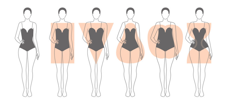 Five types of women s body shapes hourglass, pear, rectangle, apple, and inverted triangle. Female figures template for fashion, beauty, clothing, and fitness use. Vector line sketch illustration