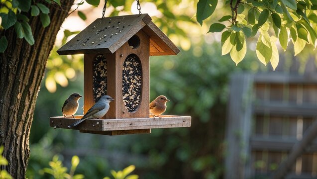  Wooden bird feeder hanging from a tree, rustic backyard setting, soft natural lighting, green foliage in the background, birds perched on the feeder